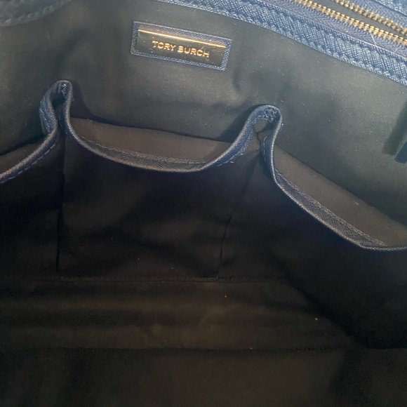 Tory Burch Robinson Large Triple Compartment Navy Blue Saffiano Leather Tote - Picture 4 of 16